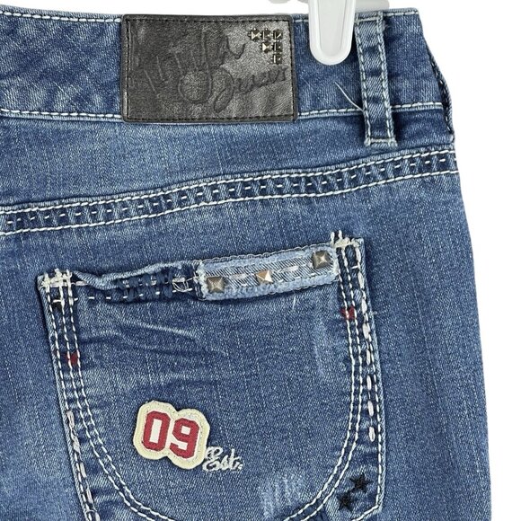 Ariya Jeans Womens Distressed Patch Studded Blue Jeans Size 7/8 Stretch Boot Cut - Picture 14 of 14